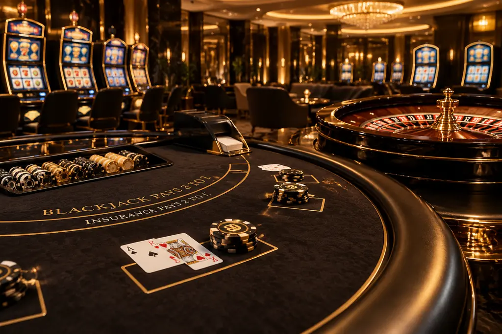 Meja blackjack, roda roulette, dan kabinet slot