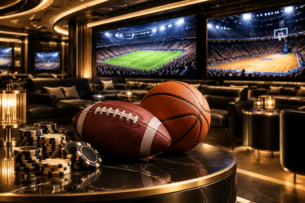 Ruang sportsbook kasino dengan layar lapangan olahraga